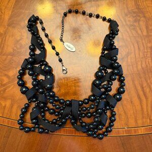Adia Kibur Multi-Strand Black Beaded Statement Necklace with Ribbon Detail